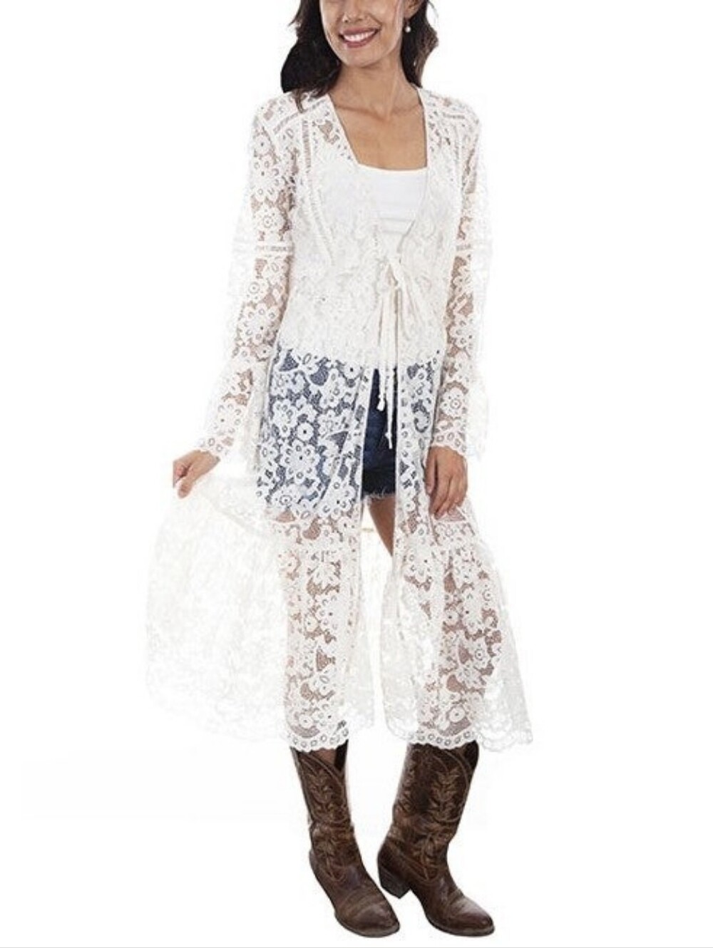 Scully Ladies Boho Lace Ivory Flare Duster Cardigan long sheer women's medium
